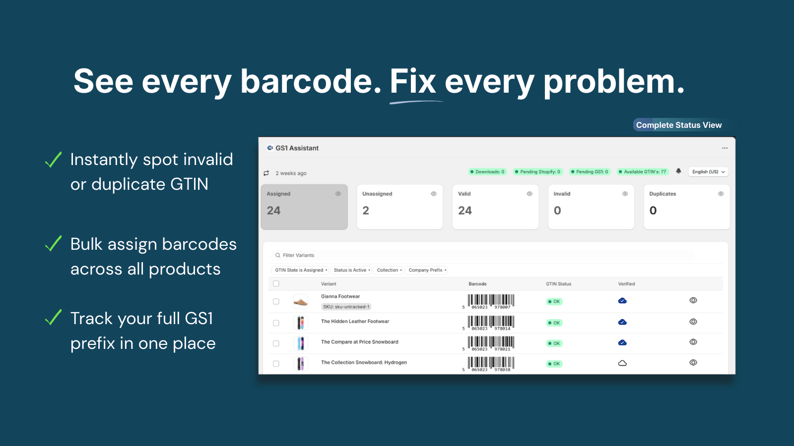 GS1 Assistant dashboard in Shopify
